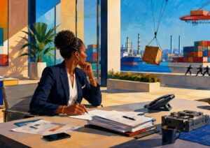 A woman in business attire sits at a desk with documents, looking out a window at a busy industrial port with containers, cranes, and ships, contemplating her company's dispute with Sinosure and how to negotiate against Sinosure