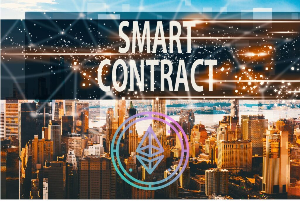 A cityscape with skyscrapers is overlaid with digital graphics and the words "SMART CONTRACTS AND DAOS FROM A LAWYER'S POINT OF VIEW," along with a symbol resembling the Ethereum logo.