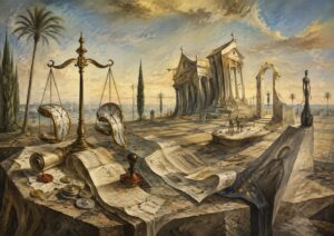 A surreal scene with melting clocks on a scale, ancient coins, documents, and stamps on a table; classical ruins and statues appear in the background under a dramatic sky.