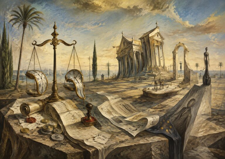 A surreal scene with melting clocks on a scale, ancient coins, documents, and stamps on a table; classical ruins and statues appear in the background under a dramatic sky.
