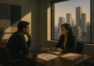 Two people sit across a desk in an office, talking seriously. Papers and a laptop are on the desk. Large city buildings are visible through the window behind them. One is a startup tech immigration lawyer. The other is an executive with a startup tech company that needs immigration law assistance.