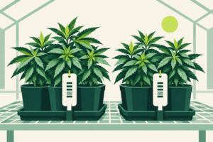 Two rows of potted cannabis plants with barcode labels sit on a greenhouse bench.
