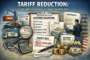 An infographic on tariff reduction strategies showing customs valuation documents, tariff bill, embedded fees, freight costs, shipping containers, invoices, coins, and a U.S. Customs badge.