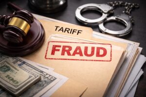 A folder labeled "FRAUD" sits on a desk with documents, cash, a gavel, and handcuffs, suggesting a legal investigation into tariff fraud.