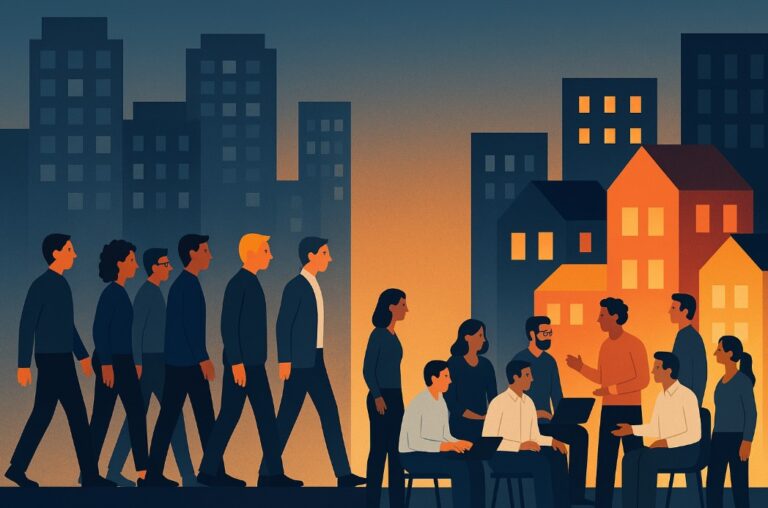 Illustration of two groups of people, one standing and walking in a cityscape affected by tech layoffs, and another seated and talking in front of houses, suggesting community support amidst urban challenges.