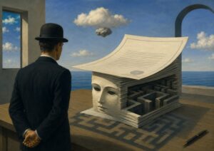 A man in a suit faces a maze made of paper sheets with a human face, set on a table near the sea. A pen and floating cloud are visible in the surreal scene.