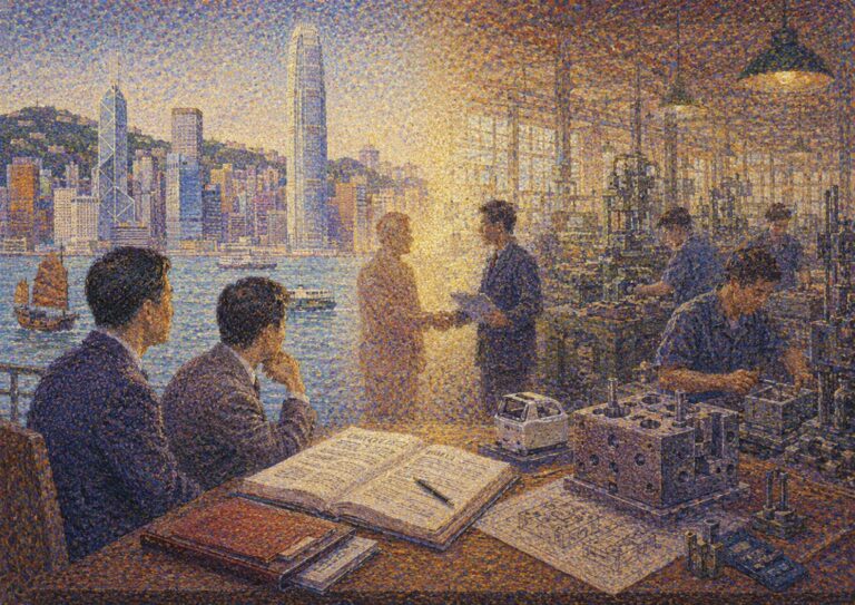 Two men shake hands in an office filled with engineers and machinery, overlooking a cityscape and harbor through large windows. Beware the Hong Kong Company—opportunity here often comes with unexpected challenges.