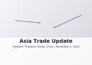 Title slide with the text "Asia Trade Update: Vietnam, Thailand, Korea, China | November 1, 2025" and two diagonal arrows on a grid background.