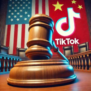 A gavel in front of U.S. and China flags with the TikTok logo, implying legal proceedings involving TikTok.