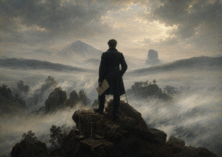 A man in a dark coat stands on a rocky peak, holding papers, and looks out over a misty, mountainous landscape under a cloudy sky.