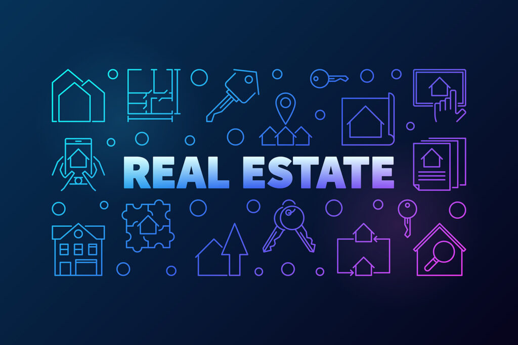 Graphic illustration related to legally compliant real estate with icons of houses, keys, and documents on a blue background, featuring the text "real estate" in the center.