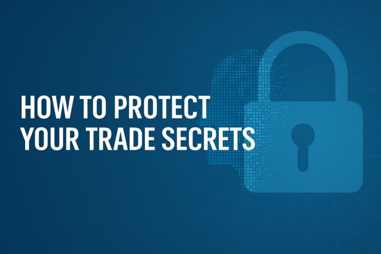 Blue graphic with a padlock icon and the text "How to Protect Your Trade Secrets" on the left side.
