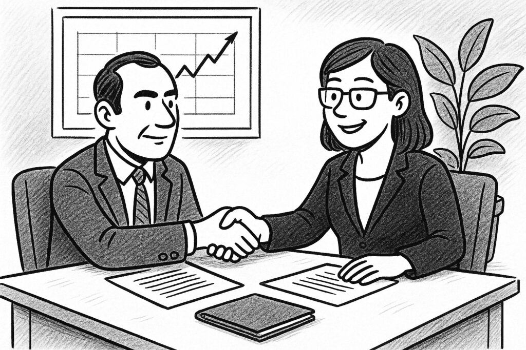 Two businesspeople in suits shake hands across a desk with documents, a clipboard, and a chart showing growth on the wall behind them, illustrating the process of negotiating trademark disputes.