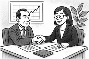 Two businesspeople in suits shake hands across a desk with documents, a clipboard, and a chart showing growth on the wall behind them, illustrating the process of negotiating trademark disputes.