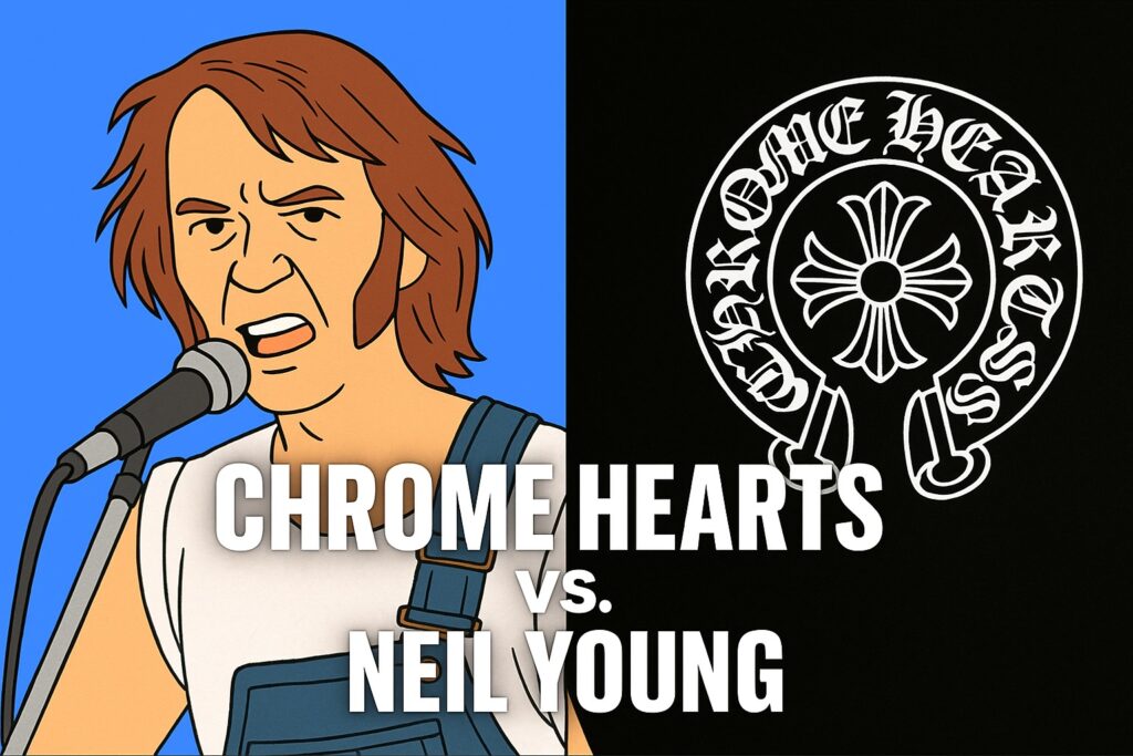 Illustration split in half: left side shows a cartoon man singing into a microphone, right side displays the Chrome Hearts logo on a black background. Text reads "CHROME HEARTS vs. NEIL YOUNG.