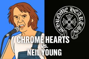 Illustration split in half: left side shows a cartoon man singing into a microphone, right side displays the Chrome Hearts logo on a black background. Text reads "CHROME HEARTS vs. NEIL YOUNG.