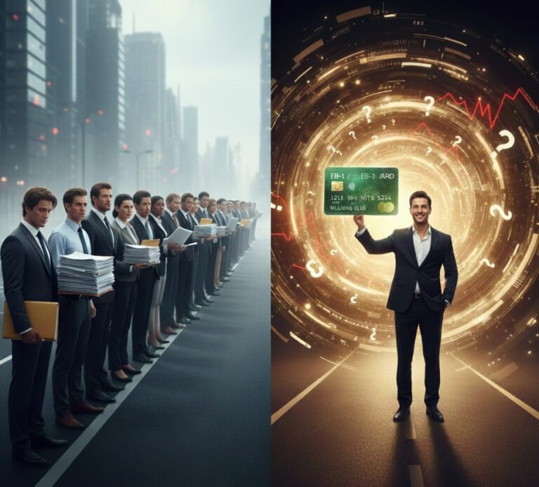 Split image: left shows a line of businesspeople holding paperwork on a city street; right shows a man holding a large credit card in front of a digital, futuristic background.