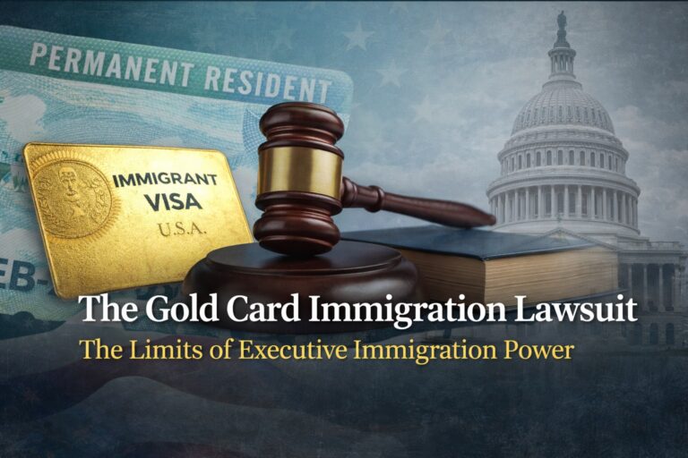 A gavel, immigrant visa, and book are shown in front of the U.S. Capitol and a green card with the text: "The Gold Card Immigration Lawsuit—The Limits of Executive Immigration Power.