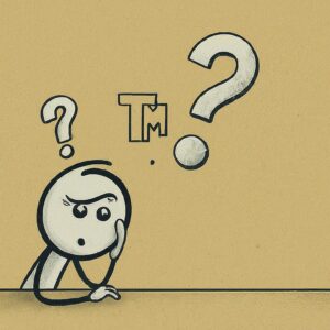 A cartoon figure leans on a surface, appearing puzzled, with question marks and trademark symbols 'TM' above their head against a beige background.