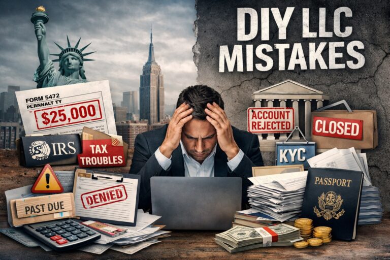 A stressed man sits at a laptop surrounded by documents, folders labeled “Closed” and “Denied,” IRS forms, bills, and symbols of financial and legal issues—highlighting common US LLC formation mistakes. Text reads “DIY LLC Mistakes.”.