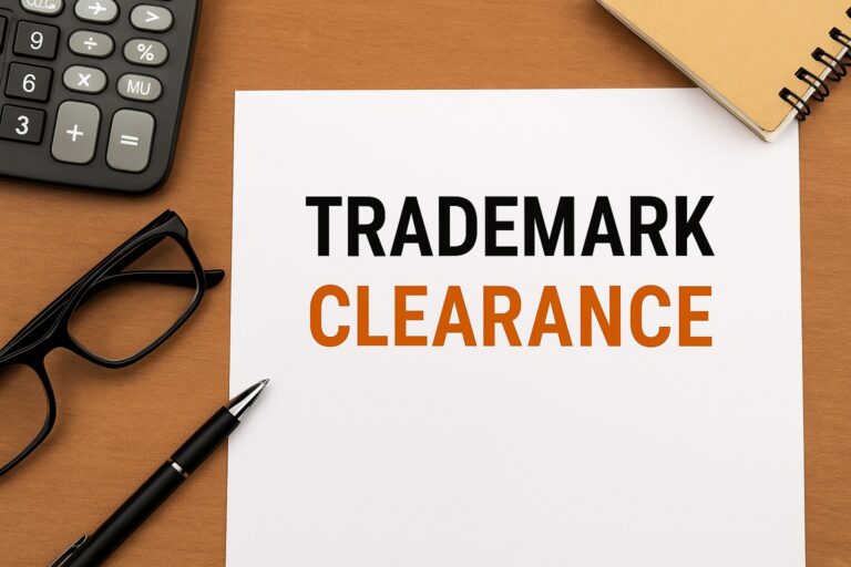 A sheet of paper with the words "TRADEMARK CLEARANCE" on a desk, surrounded by a calculator, notebook, eyeglasses, and a pen.
