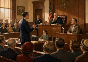 A lawyer addresses the judge and jury in a crowded courtroom, with a witness on the stand and a court reporter typing.