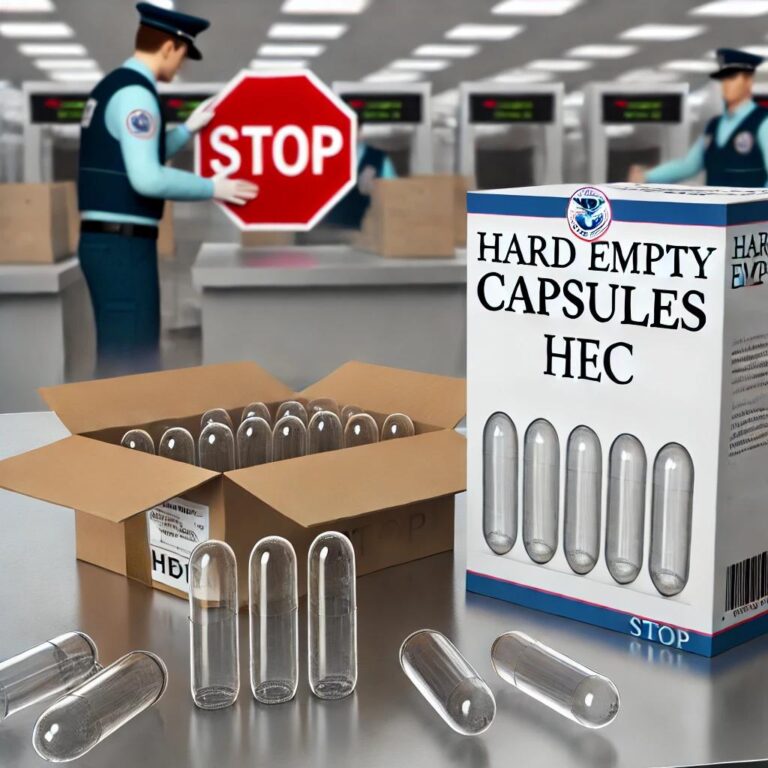 Box labeled "Hard Empty Capsules HEC" on a table with clear capsules. Security personnel in background hold a stop sign in an airport-like setting.