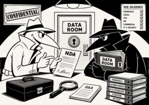 Two people in trench coats and hats exchange documents labeled “NDA” and “Data Room” in an office filled with files, a briefcase, a magnifying glass, and a checklist on the wall.