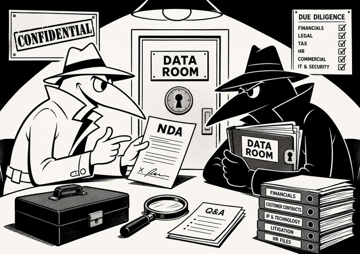 Two people in trench coats and hats exchange documents labeled “NDA” and “Data Room” in an office filled with files, a briefcase, a magnifying glass, and a checklist on the wall.