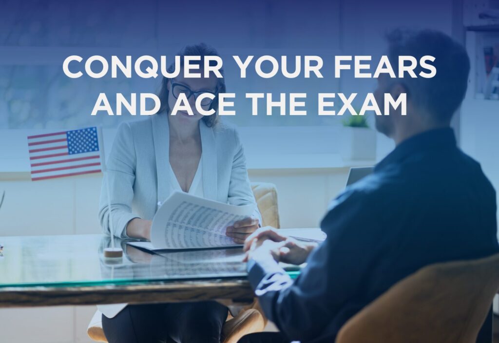 Two individuals reviewing documents in a meeting with an inspirational message overlay: "conquer your fears and ace the exam.