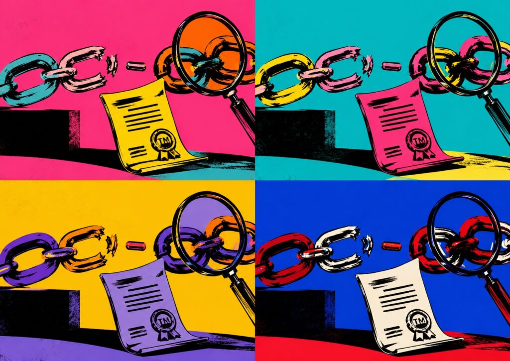 Four panels show a trademark document, a broken chain symbolizing trademark ownership errors, and a magnifying glass in pop art style, each panel in different bold colors.