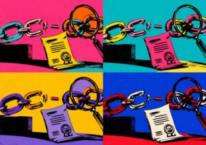 Four panels show a trademark document, a broken chain symbolizing trademark ownership errors, and a magnifying glass in pop art style, each panel in different bold colors.