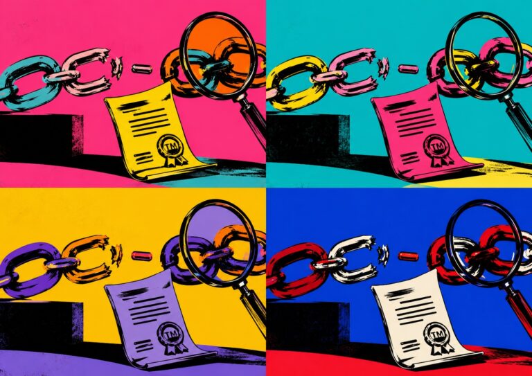 Four panels show a trademark document, a broken chain symbolizing trademark ownership errors, and a magnifying glass in pop art style, each panel in different bold colors.