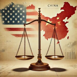 A balanced scale stands in front of overlapping U.S. and China flags, symbolizing trade or political relations between the two countries, symbolizing United States new regulation of trade with China