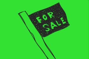 A black flag with the words "FOR SALE" in white, attached to a pole, is displayed on a bright green background—ideal for promoting your Minnesota cannabis license opportunity.