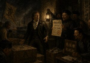 A man holding a lantern is confronted by officials displaying a document, surrounded by stacked crates at a nighttime harbor.