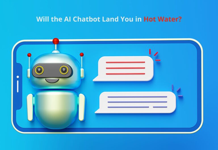 An illustrated AI chatbot concept, with a questioning headline, "will the AI chatbot land you in hot water?" displayed on a smartphone screen.