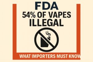 A sign stating "FDA 54% of vapes illegal" with a crossed-out vape icon and "Vape import compliance: What importers must know" at the bottom.