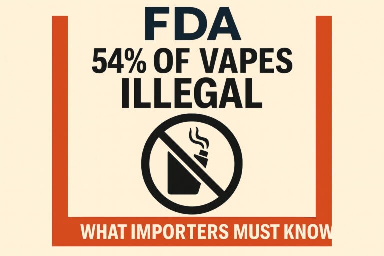 A sign stating "FDA 54% of vapes illegal" with a crossed-out vape icon and "Vape import compliance: What importers must know" at the bottom.