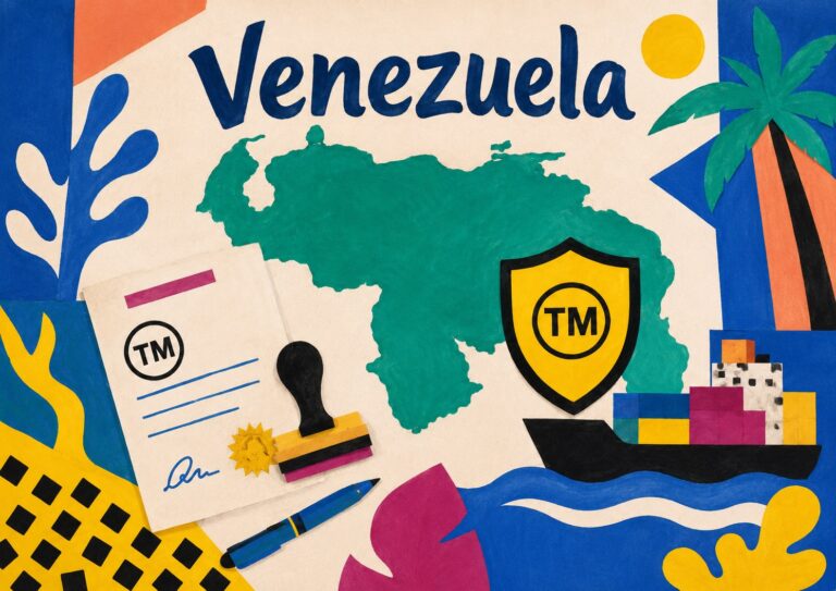 Colorful illustration of Venezuela’s map, trademark symbols, a legal document with a stamp, a cargo ship with containers, and tropical elements like a palm tree and sun.