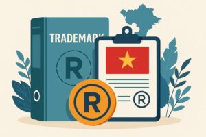Illustration of a trademark book, a registered trademark symbol, and a clipboard with the Vietnam flag, with a map of Vietnam in the background.