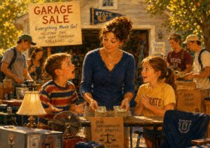 A woman counts money at a garage sale table with two children; a sign says proceeds help pay for college. Various items and boxes are displayed for sale around them.