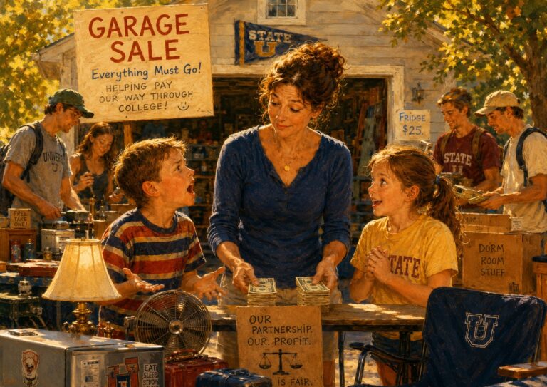 A woman counts money at a garage sale table with two children; a sign says proceeds help pay for college. Various items and boxes are displayed for sale around them.