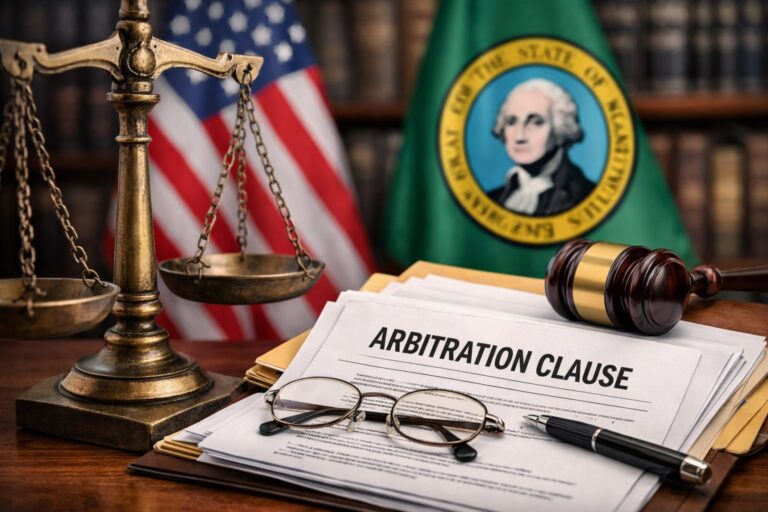 A stack of documents labeled "Arbitration Clause" on a desk with eyeglasses, a pen, a gavel, and law books highlights the role of Washington State arbitration; U.S. and Washington state flags are in the background.
