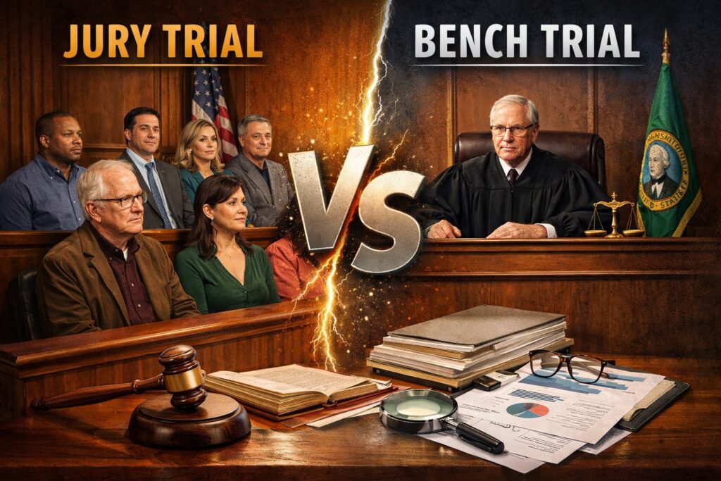 A split courtroom shows a jury and lawyers on one side labeled "Washington State Jury Trials," and a judge on the other side labeled "Bench Trial," with legal documents and a gavel in front.