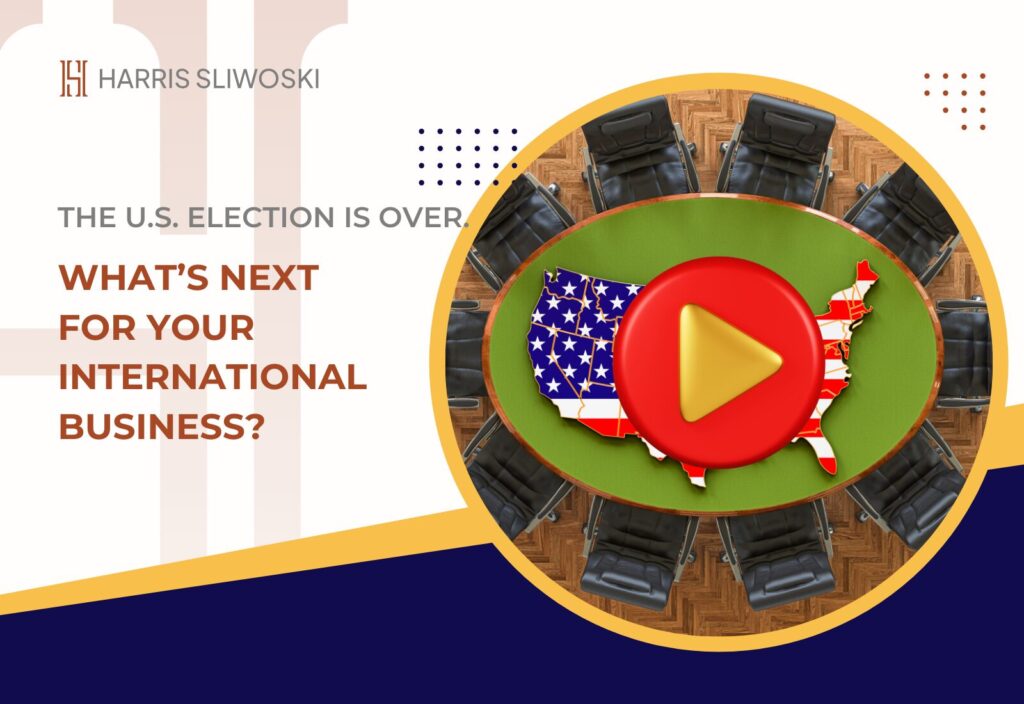 Illustration of a round table with chairs, U.S. map with a play button, text reads: "The U.S. election is over. What’s next for your international business?.