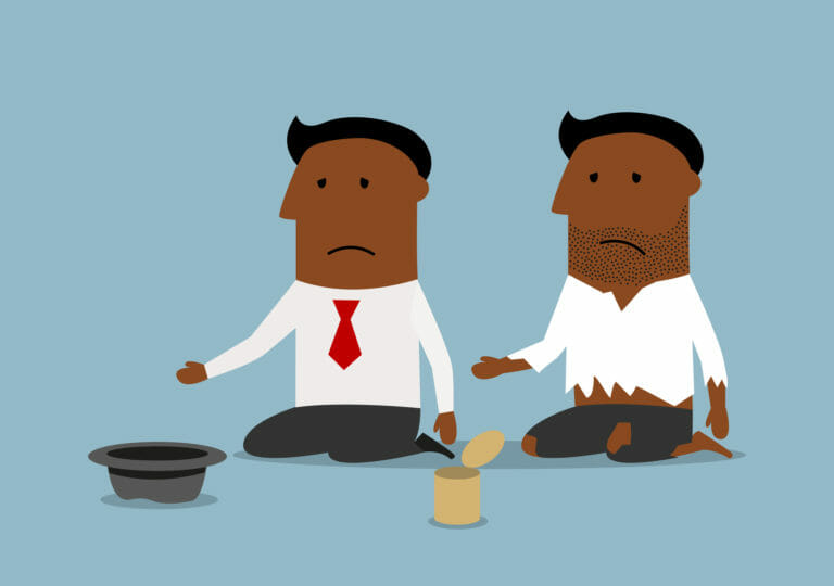 Bankrupt black businessman is begging for money clipart