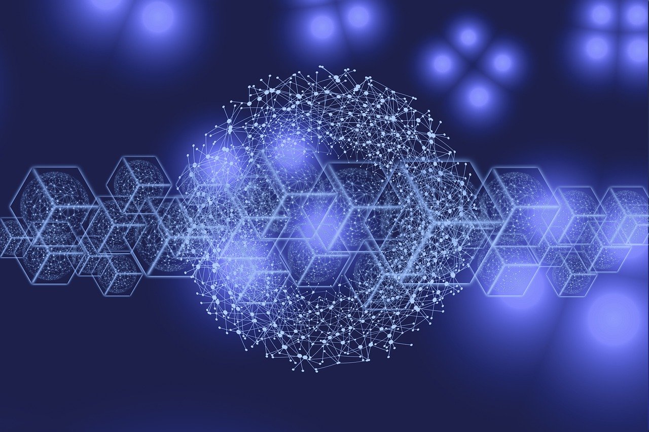 A digital illustration depicting a complex, glowing white geometric network structure on a blue background with blurred hexagonal shapes.