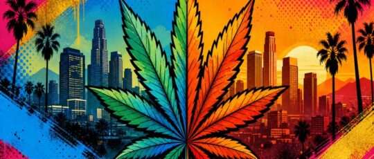 A colorful marijuana leaf is centered over a stylized city skyline with palm trees, set against a vibrant, split-color background of blue, yellow, pink, and orange—capturing the lively spirit of California cannabis culture.