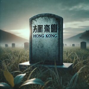 A gravestone with "Hong Kong" and Chinese text, set in a foggy cemetery at sunrise.